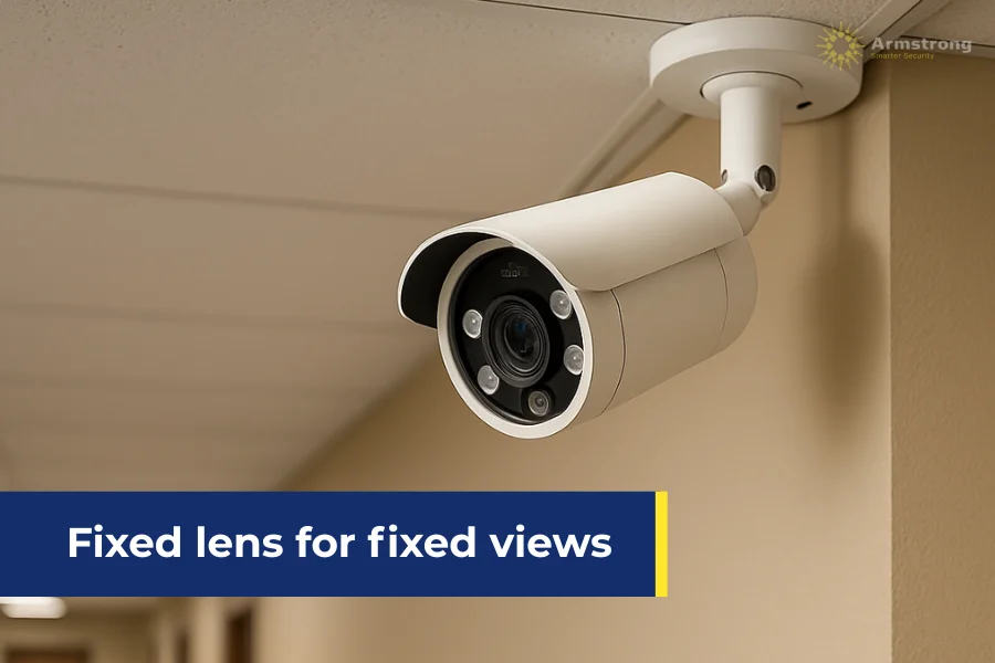 Wall-mounted fixed lens camera for hallway surveillance.