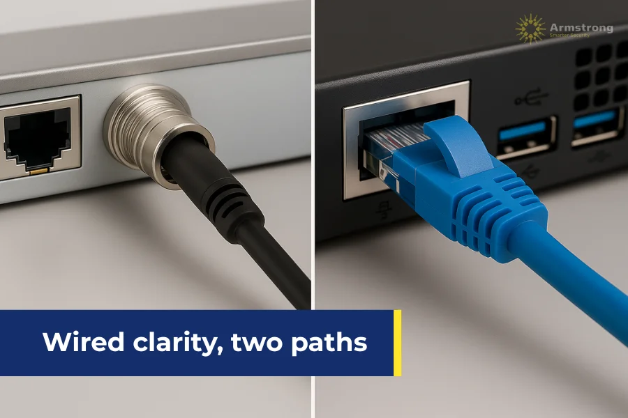 Side-by-side wired Ethernet and coaxial security camera connections.