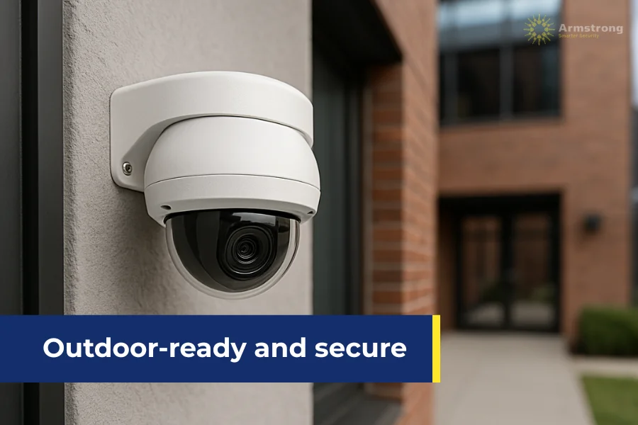 Dome security camera mounted outside brick commercial building.