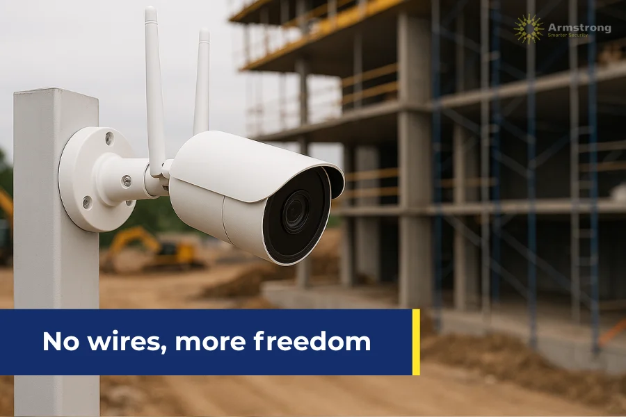 Wireless security camera installed on construction site post.