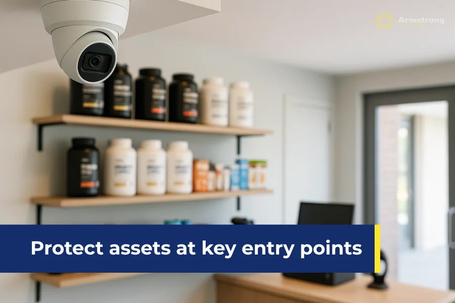 Indoor camera monitoring shop entry and product shelves.