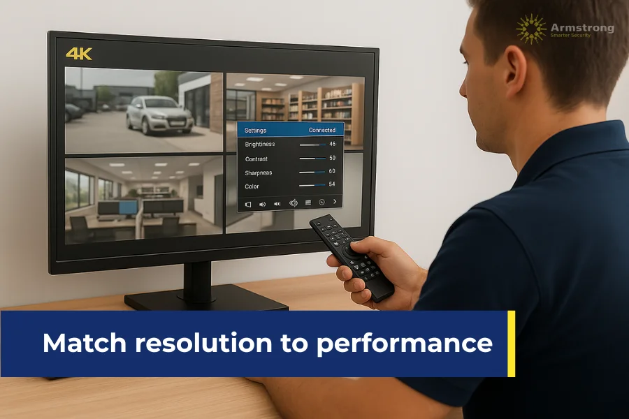 Man adjusting display settings on 4K surveillance system.