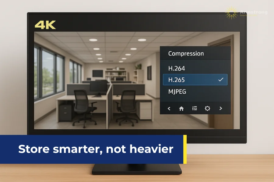 Surveillance monitor showing compression settings and video clarity.