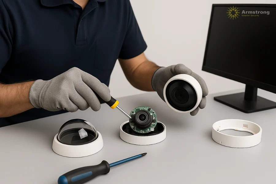 Technician disassembling a dome camera for repair or inspection.