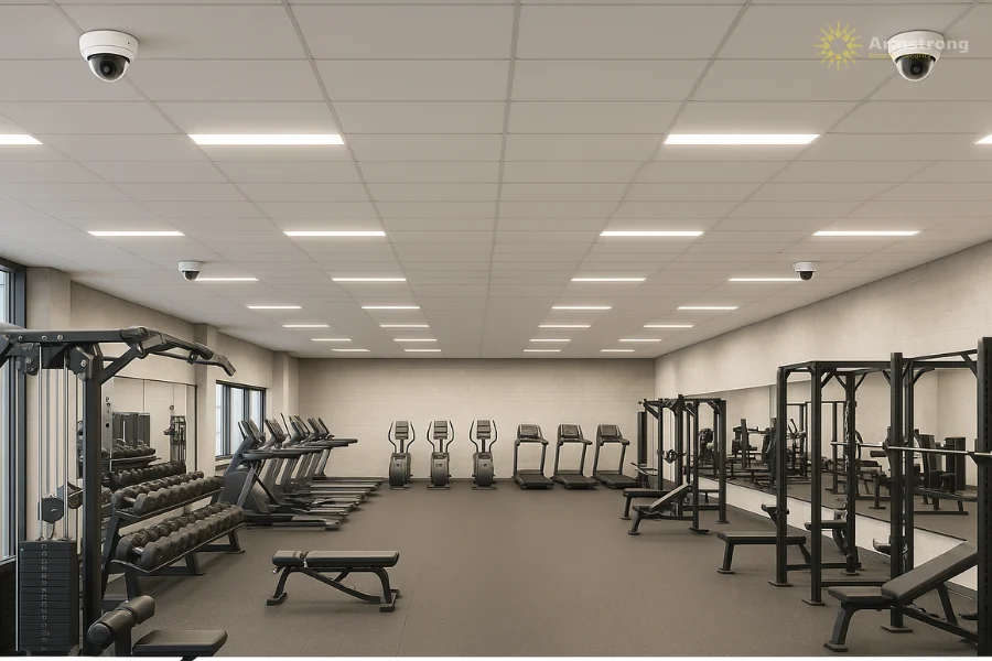 Wide view of gym with multiple ceiling-mounted security cameras.