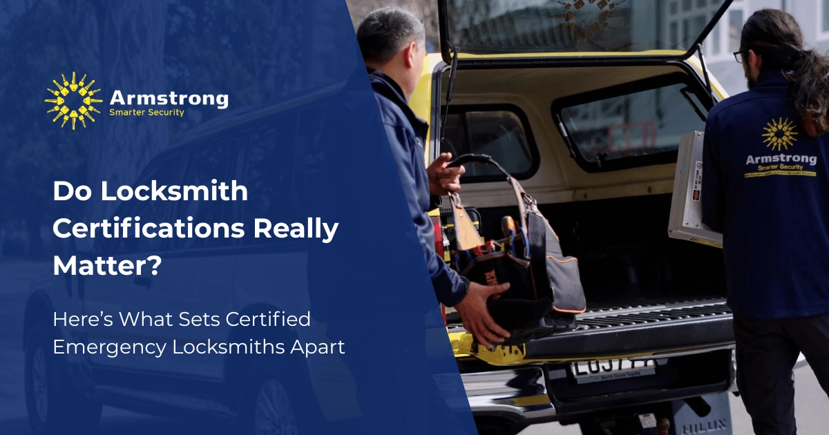 Two certified emergency locksmiths at a ute, taking tools from the boot before a callout