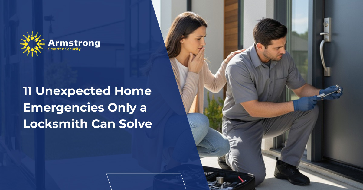 Emergency locksmith assists a worried homeowner while repairing a front door lock with tools on the doorstep