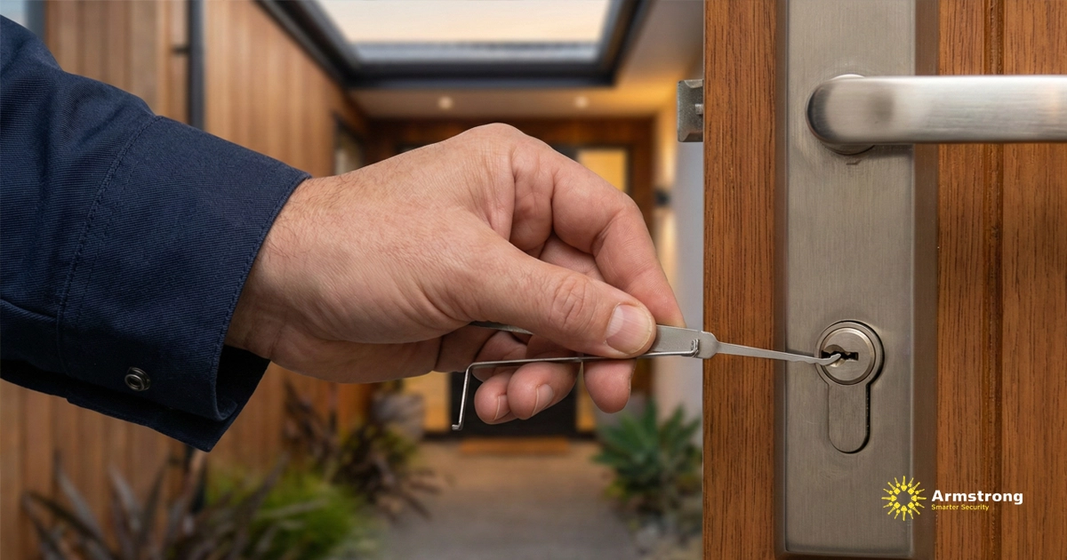 Close up of a locksmith picking a front door euro cylinder with tools, used to explain typical locksmith cost for callouts and non destructive entry