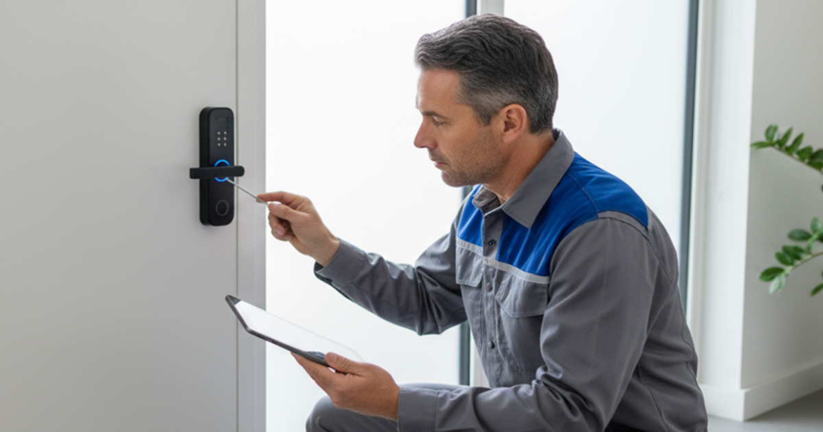 Emergency locksmith adjusts a digital smart door lock with a tool while holding a tablet inside a modern home.