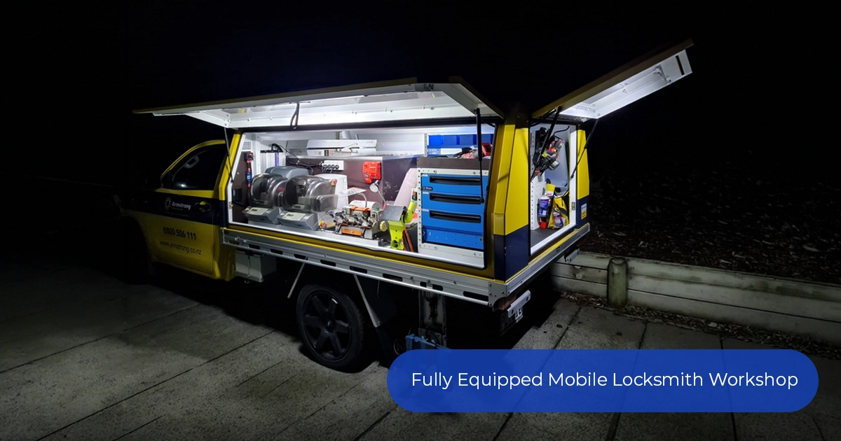 Fully equipped mobile locksmith workshop ute at night with tools, key cutting machines and storage drawers, used to explain locksmith cost for callouts and on-site work