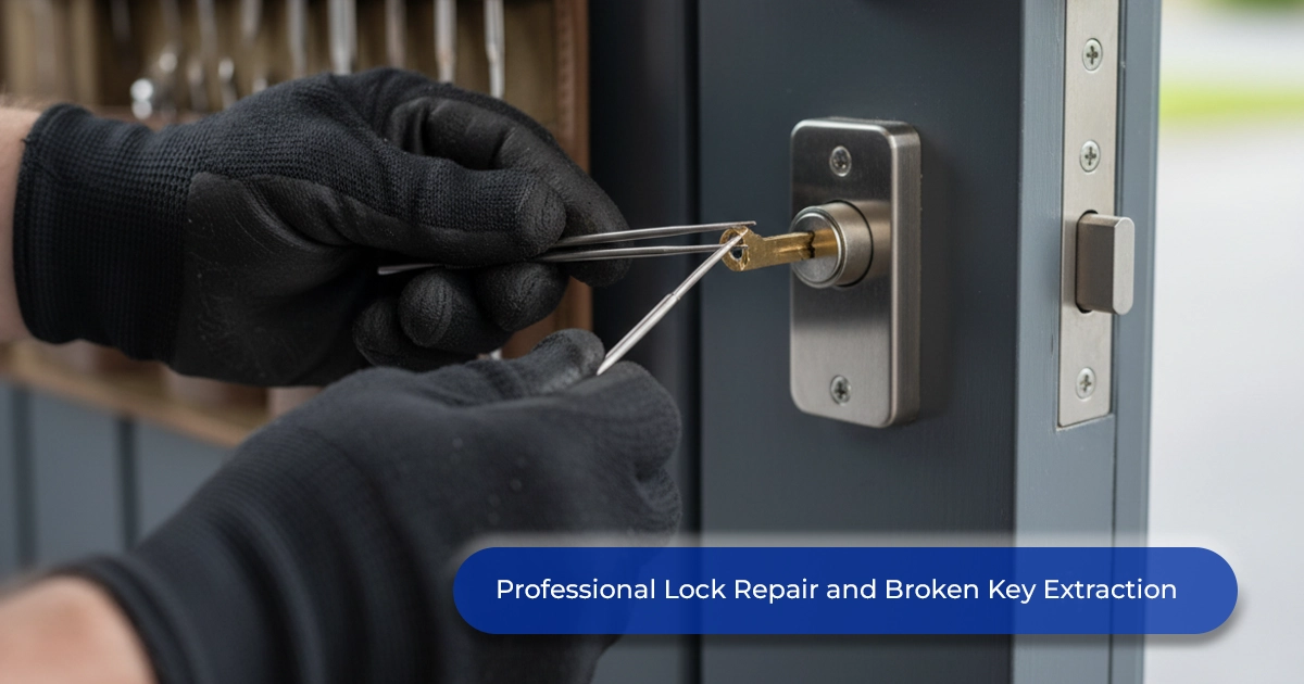 Close up of gloved hands using key extraction tools on a front door cylinder, showing certified emergency locksmiths at work 