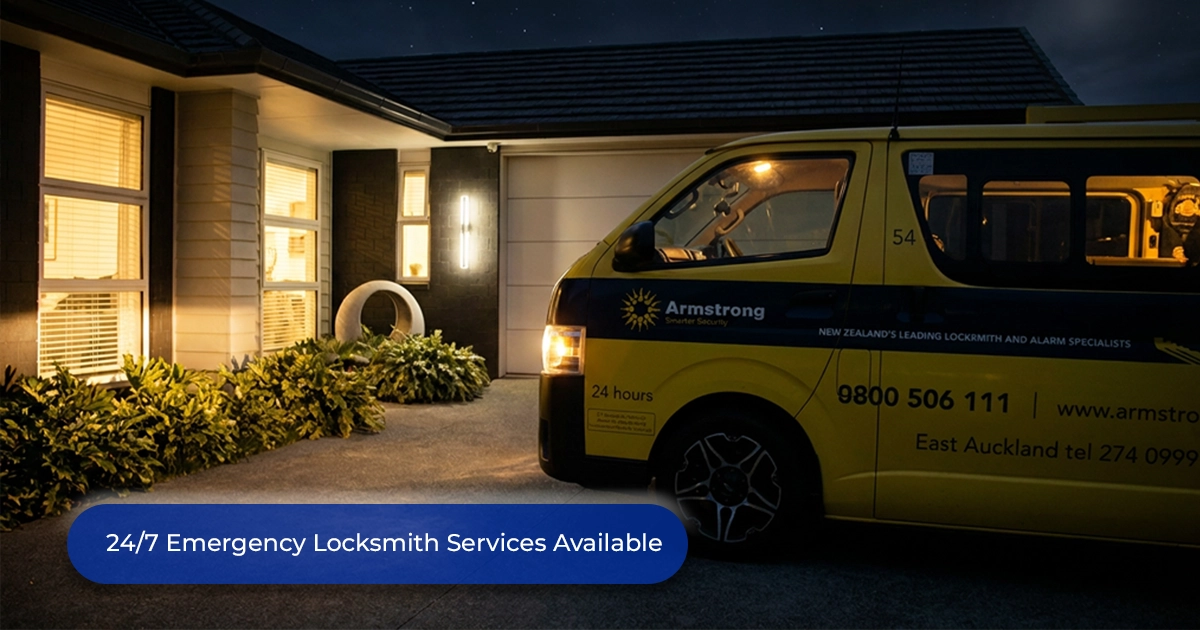 Locksmith van outside a house at night for a 24/7 emergency callout, showing locksmith cost factors such as after-hours rates and travel distance. 
