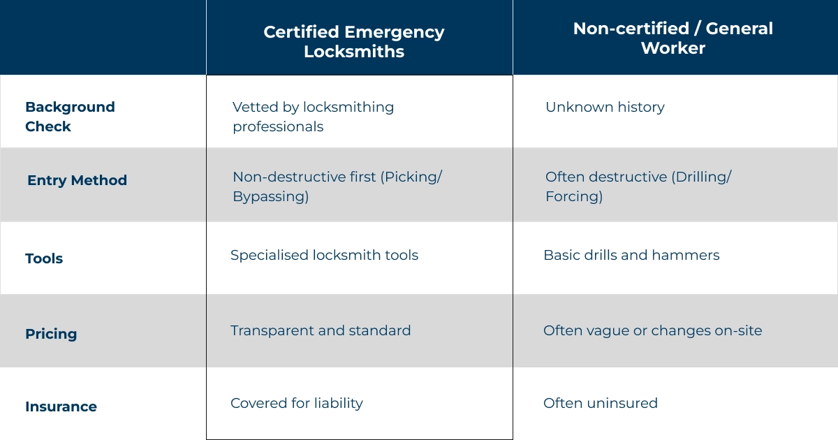 Comparison table of certified emergency locksmiths versus non certified. Shows vetted background checks, non destructive entry first, specialised tools, transparent standard pricing, and liability insurance.