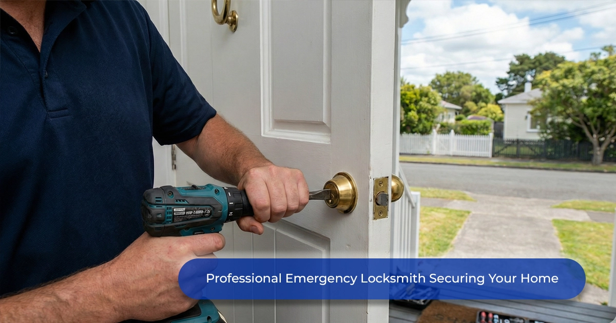 Close-up of a professional locksmith using a power drill and a screwdriver to repair or replace a brass deadbolt lock on a white wooden front door. The background shows a bright, out-of-focus residential street. A blue banner at the bottom reads, "Professional Emergency Locksmith Securing Your Home."