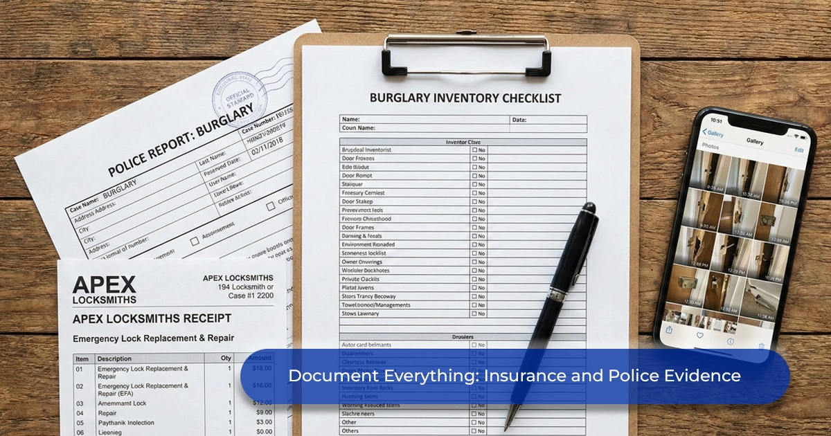 A top-down view of a wooden table featuring a burglary inventory checklist on a clipboard, a police report, and a receipt from Apex Locksmiths for emergency lock replacement. Next to the papers is a smartphone displaying a gallery of photo evidence of door damage.