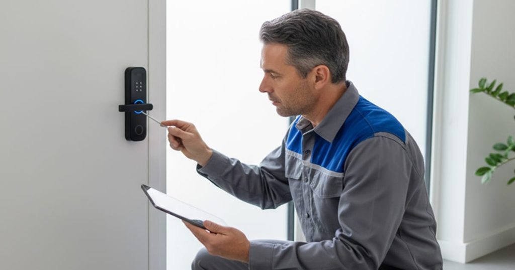 Emergency locksmith adjusts a digital smart door lock with a tool while holding a tablet inside a modern home