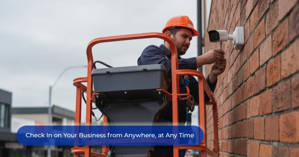 Technician installing a bullet CCTV security camera on a brick commercial building exterior in NZ