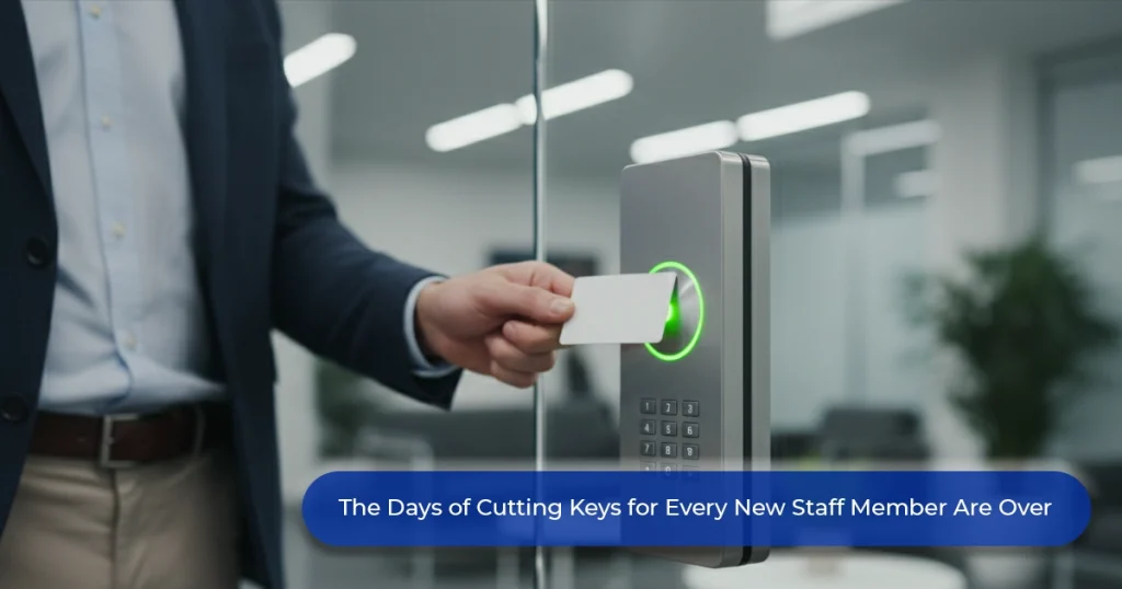 Staff member using a key card on a commercial access control reader at a glass office door in NZ